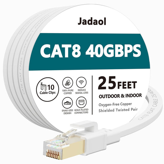 Cat 7 Ethernet Cable 25 Ft Shielded - Solid Flat Internet Network Computer Patch Cord, Faster than Cat5E/Cat5/Cat6 Network, Slim Cat7 High Speed LAN Wire with Rj45 Connectors for Router, Modem – White